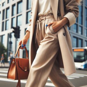 A stylish town with a woman in beige clothing and blue nail polish, around 30 years old, walking, focusing on the lower half from the waist down
