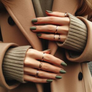 A woman wearing a khaki coat and olive green nail polish, image from the waist down