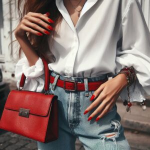 A woman wearing a white shirt and jeans with bright red nail polish and a red bag